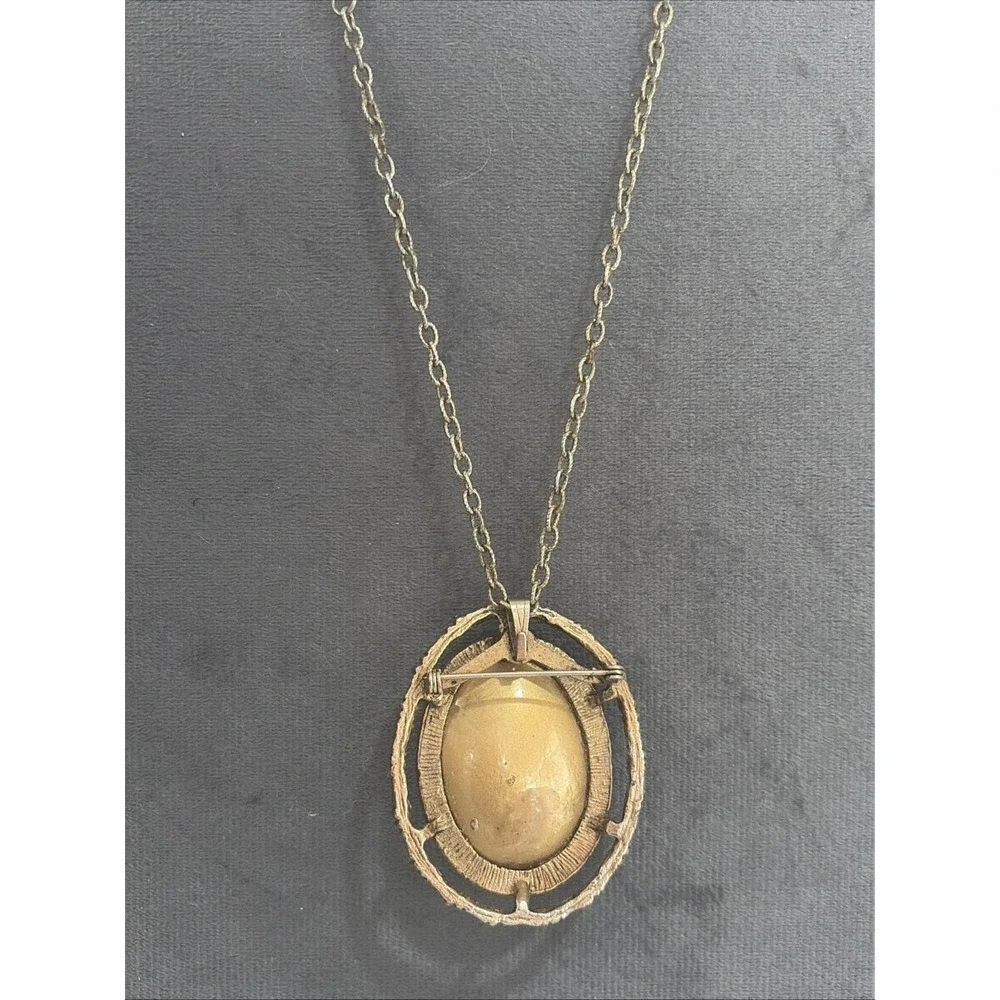 Vintage Gold Tone Dried Flowers Brooch Pendant Necklace p2